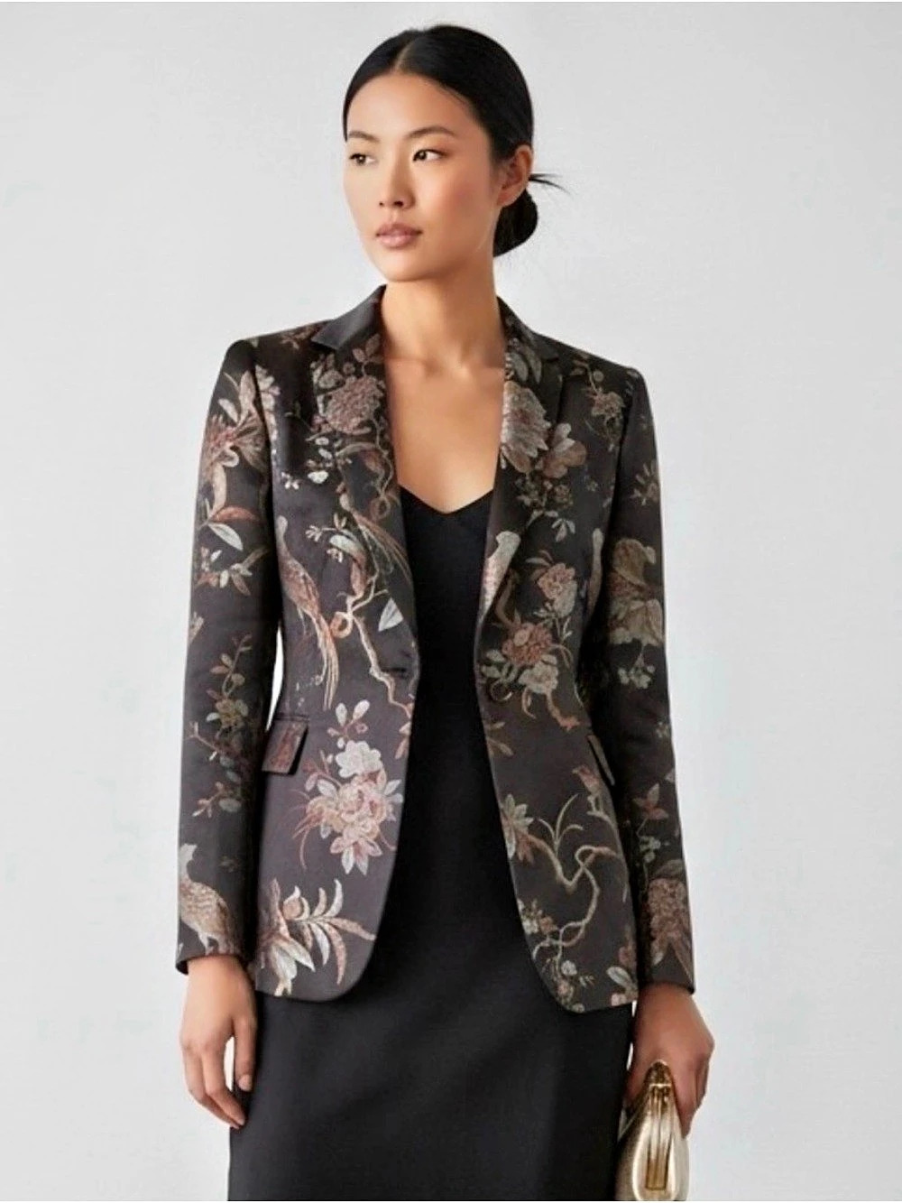 alice + olivia Elora Floral Jacquard Blazer Floral Brocade Blazer in Black & Gol